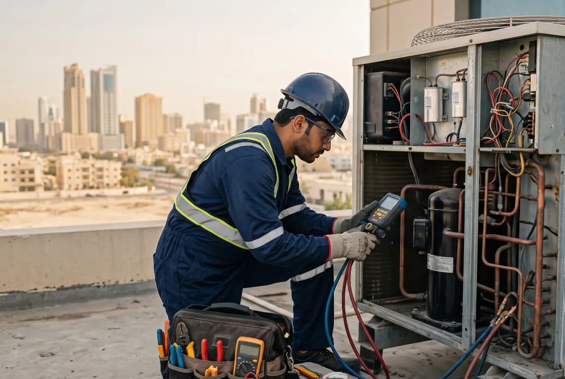 K Star technician testing an AC unit with a gauge set in Ajman